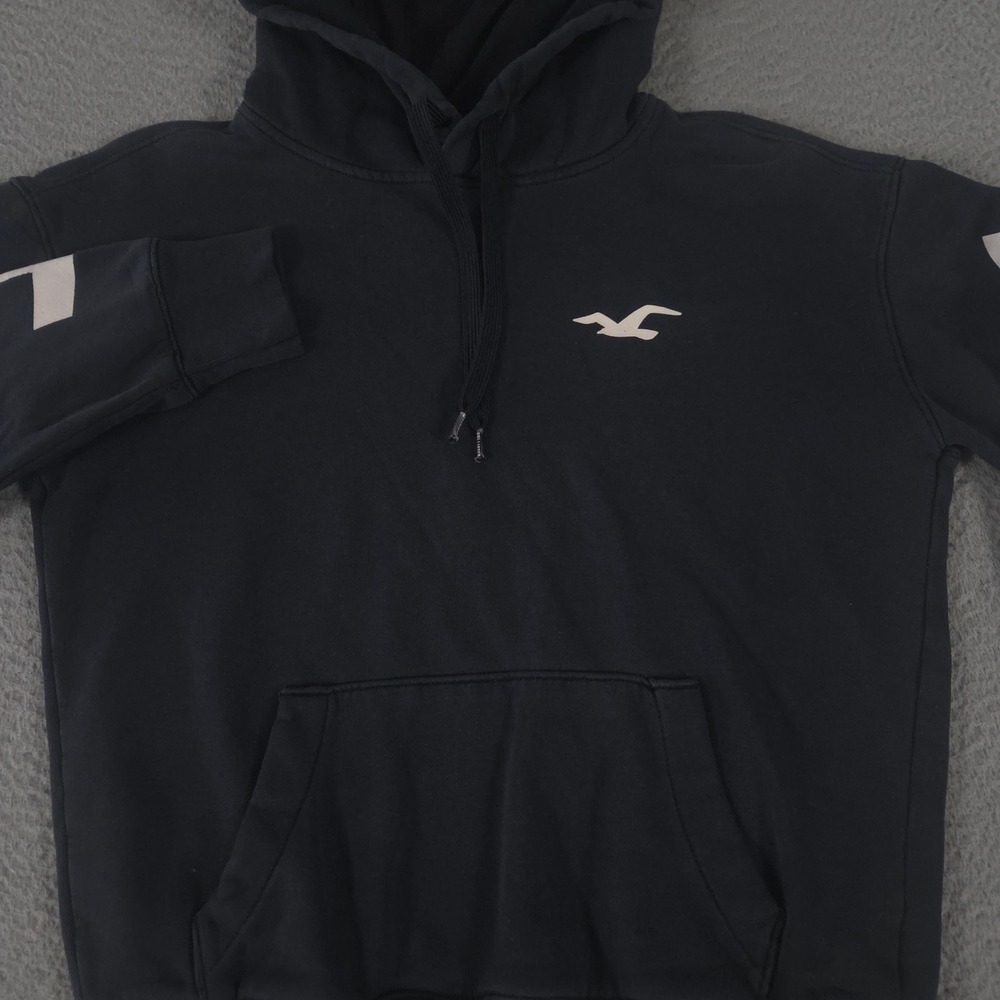 Hollister Hoodie Mens XS Black Graphic Sleeve‎ Logo Pullover Cotton Blend Fleece